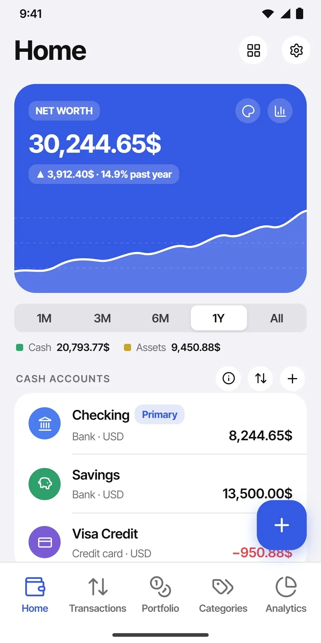 The Home screen: net worth over the past year at the top, split into cash and assets, then the cash accounts, all in one currency.