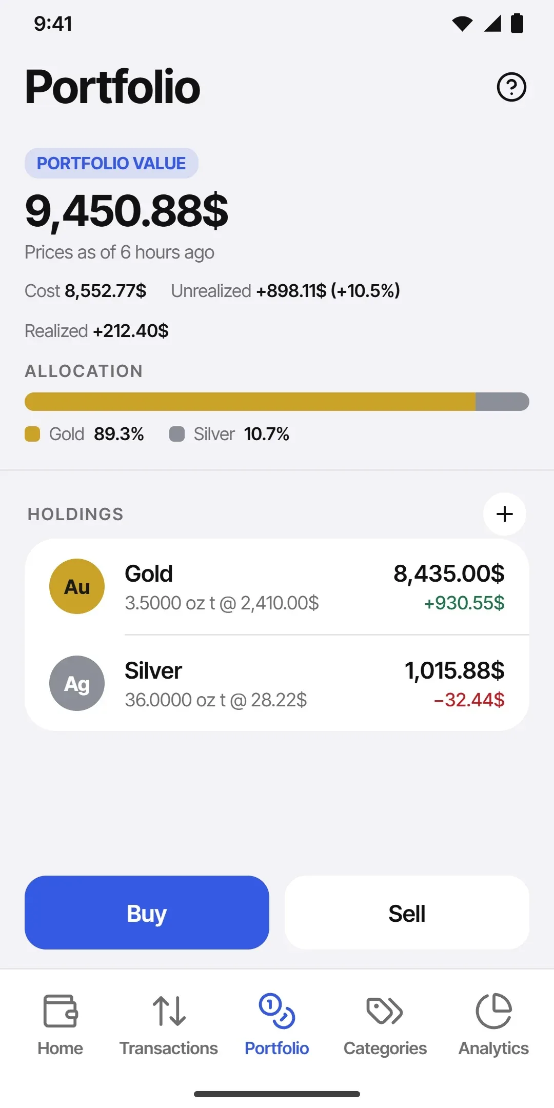 The Portfolio screen: gold and silver holdings with cost, unrealized gain and realized gain as separate figures, and the age of the prices under the total.