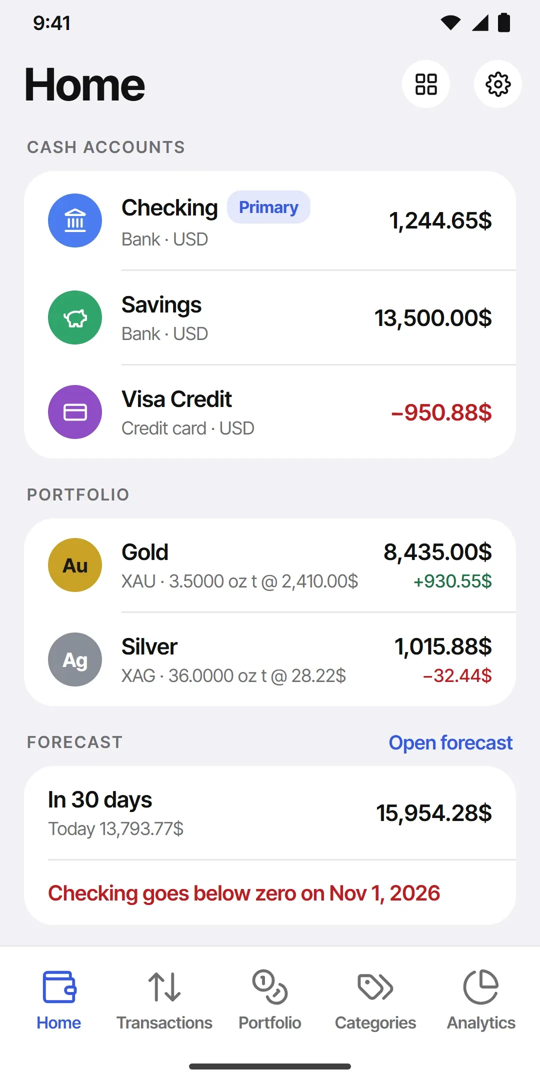 Design preview: the Forecast card on TidyWallet's Home screen, showing the cash total in 30 days and the warning that Checking goes below zero on Nov 1, 2026.