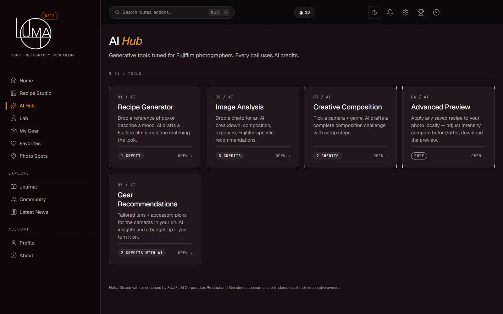 Luma's AI Hub: five tool cards, Recipe Generator, Image Analysis, Creative Composition, Advanced Preview and Gear Recommendations, each showing its credit cost.
