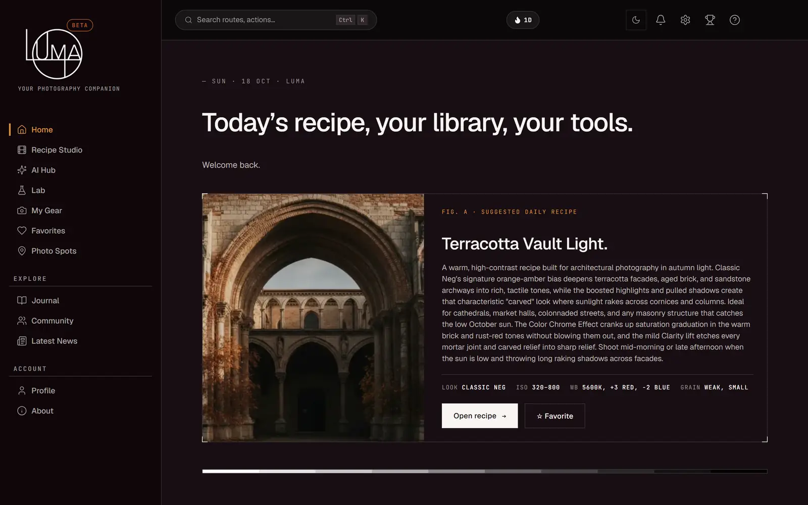 Luma's desktop Home screen: the sidebar navigation and the day's suggested recipe, Terracotta Vault Light, with its look, ISO, white balance and grain.