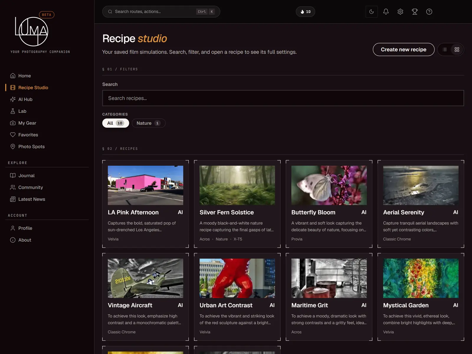 Luma's Recipe Studio in grid view: a search field, category filters and a grid of saved recipes, each with a photo, a short description and its film simulation.
