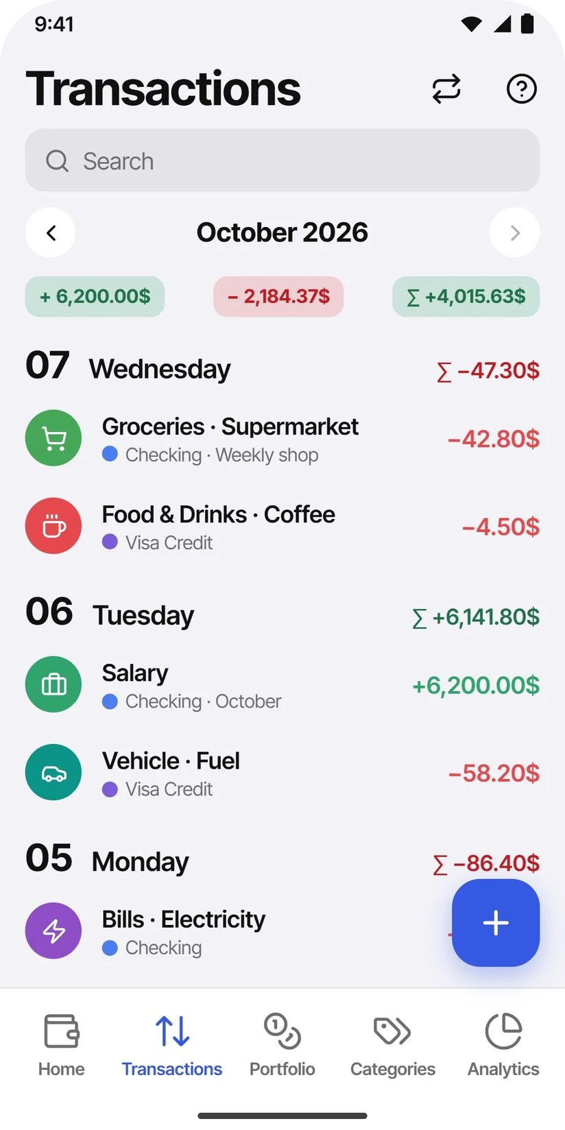 TidyWallet transactions screen