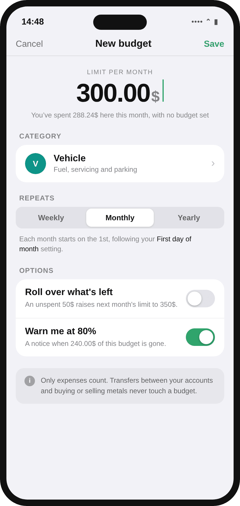 TrackedWallet — Set a budget