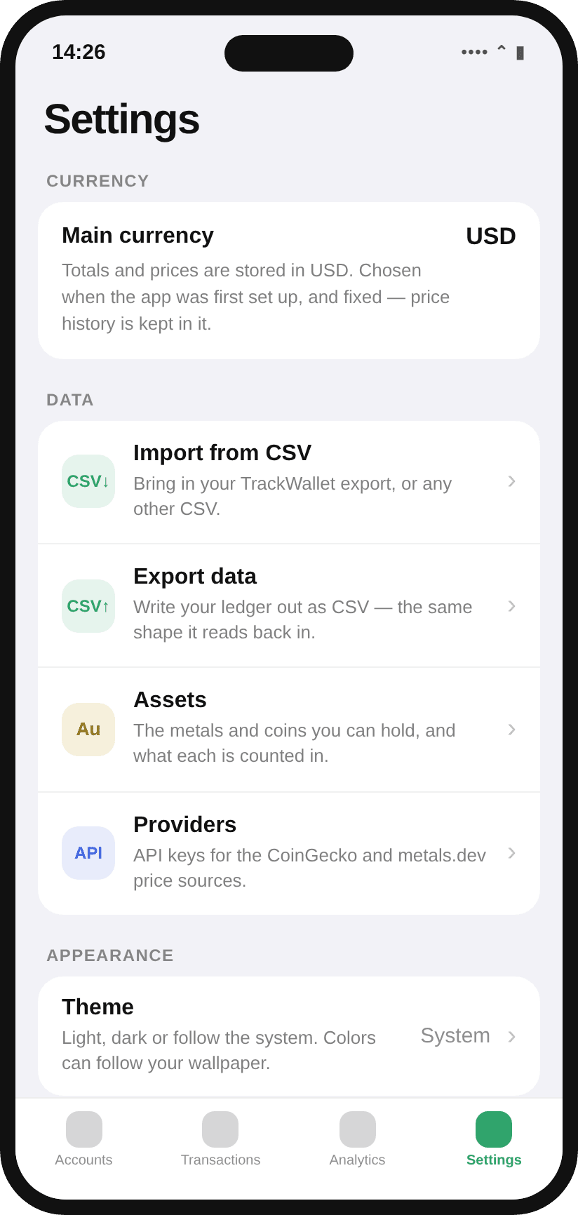 TrackedWallet — Settings